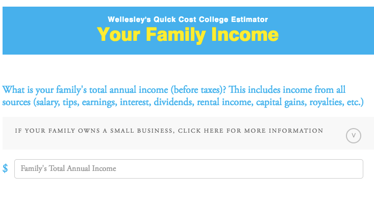 One page from Wellesley’s MyinTuition calculator